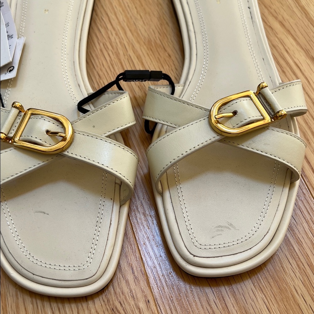 NWT! Zara Sz 38/7.5, ivory cream strappy flats with gold buckle details. - Picture 8 of 8